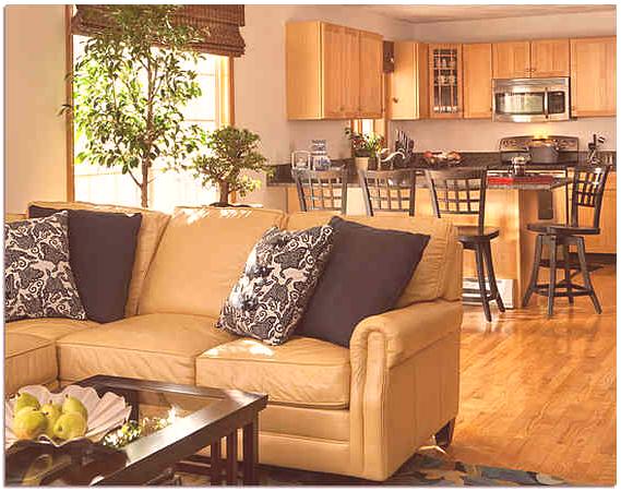 Design obývacího pokoje je kombinován s kuchyní