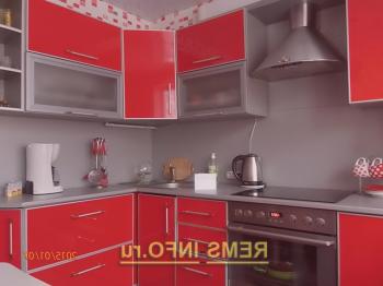 Kuhinjski dizajn u crvenkastoj boji: 9 metara, ploča, fotografija