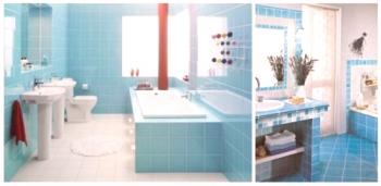 Fotografie modré a modré koupelny, kombinace barev, tipů