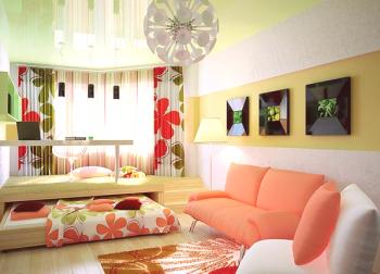 Design interiéru bytu s jednou ložnicí pro rodinu s dítětem